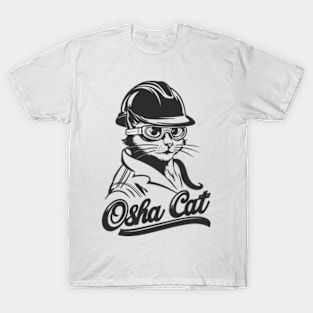 Osha Cat Construction Worker With Hard Hat Safety Funny Osha Rules Blue Collar With For Cute Cat Jokes Lovers T-Shirt